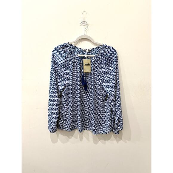Olivaceous Geometric Print Tasseled Neck Blouse Boho Blue Women's Size Medium - Picture 1 of 3